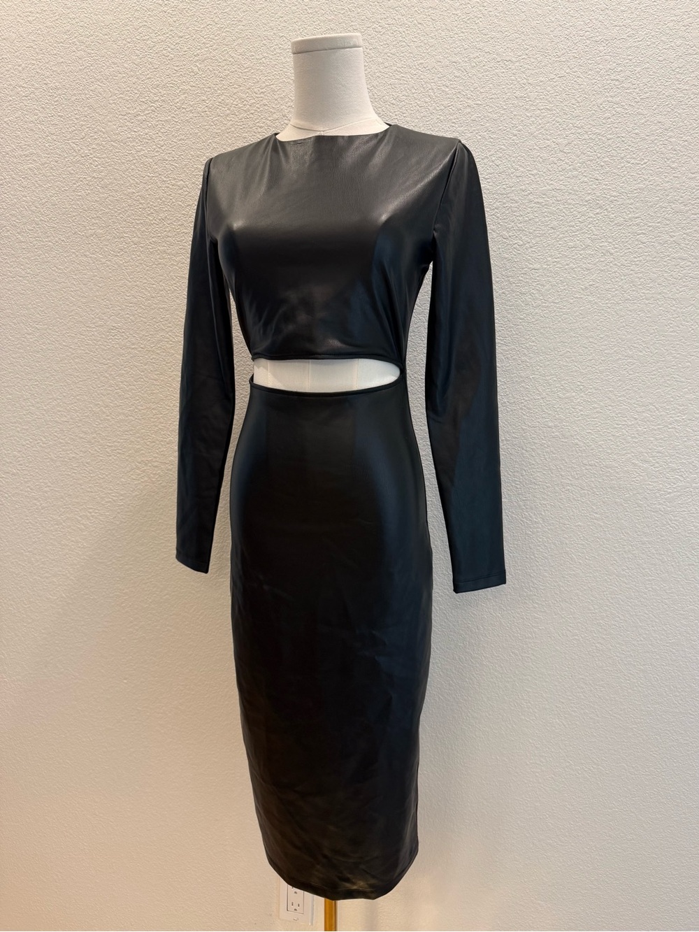 French Connection Black Faux Leather Cutout Midi Dress